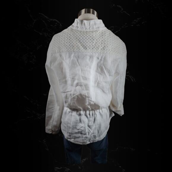 Saint Tropez West White Eyelet Linen Button Cinch Waist Utility Jacket Sz Medium - Picture 6 of 16